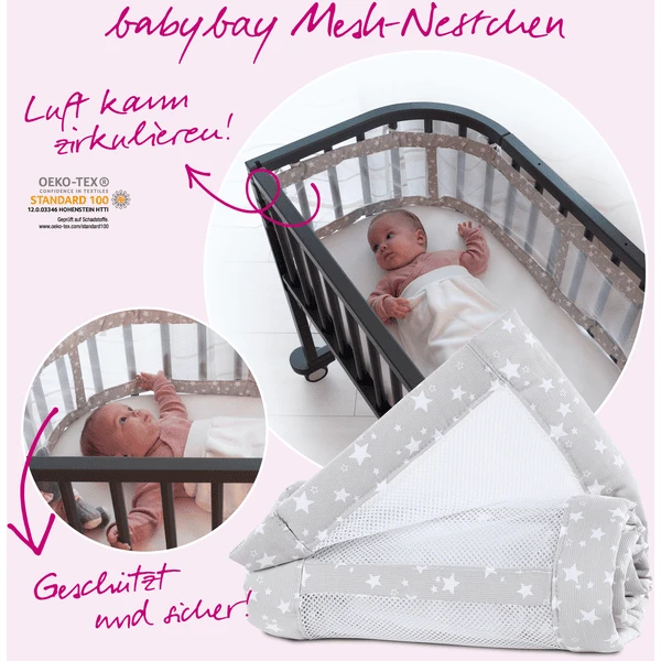 Babybay® Nestje Mesh-Piqué Original Wit Sterren Parelgrijs 149x25 Cm - Afbeelding 2