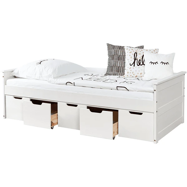 TiCAA Slaapbank Theodor 90 X 200 Cm Dennenhout Wit Met 5 Lades Aden - Afbeelding 2